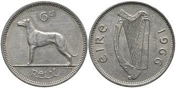 ИРЛАНДИЯ 6 ПЕНСОВ 1966 ИРЛАНДСКИЙ ВОЛКОДАВ KM 13а медно-никель 4387-1118