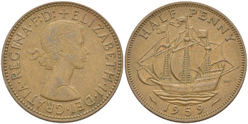 Великобритания 1/2 пенни 1959 Елизавета II (1952-2022) KM 896, Spink 4158 бронза 4544-117