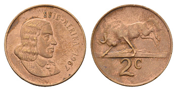 ЮАР 2 цента 1967 Ян ван Рибек (1619-1677), Suid Africa, легенда на африкаанс, антилопа KM 66.2 бронза 4114-627