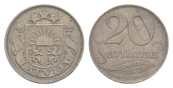 Латвия 20 сантимов 1922 год-тип KM 5 никель 4658-1254
