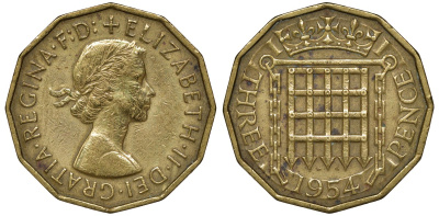 Великобритания 3 пенса 1954 Елизавета II (1952-2022) KM 900, Spink 4153 никель латунь 72-1755