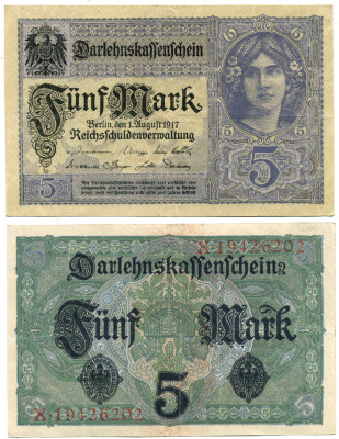 ГЕРМАНИЯ 5 МАРОК 1917 ВОСЕМЬ ЦИФР В НОМЕРЕ Pick 56b бумага 7547-8-2-2