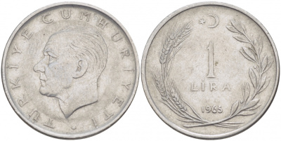 Турция 1 лира 1965 Мустафа Кемаль Ататюрк KM 889а.1 нержавеющая сталь 4529-1244