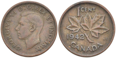 Канада 1 цент 1942 Георг VI (1937-1952), кленовый лист KM 32 бронза 3309-1256