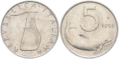 Италия 5 лир 1998 R, дельфин KM 92 алюминий  UNC  4594-752
