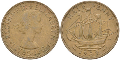 Великобритания 1/2 пенни 1959 Елизавета II (1952-2022) KM 896, Spink 4158 бронза 4544-117