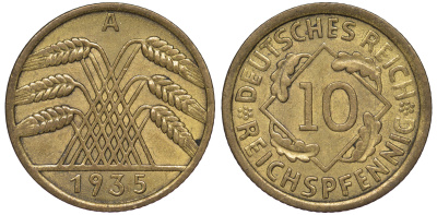 Германия 10 рейхспфеннигов 1935 A KM 40, J. 317 алюминиевая бронза 4605-124