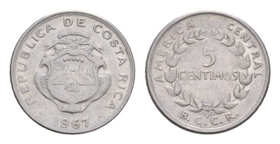 Коста-Рика 5 сентимо 1967 KM 184.1a нержавеющая сталь UNC 4651-935