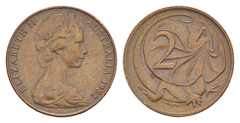 Австралия 2 цента 1982 Елизавета II (1952-2022), плащеносная ящерица KM 63 бронза 4580-1137