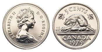 Канада 5 центов 1979 Елизавета II (1952-2022), бобр KM 60.2 никель PROOF-LIKE (BU) 413-3113
