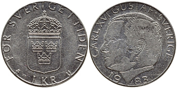 Швеция 1 крона 1983 Карл XVI Густав (1973- ) KM 852a медно-никель 4397-1125