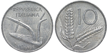 Италия 10 лир 1973 R, плуг, колосья KM 93 алюминий 4128-1237
