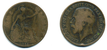 Великобритания 1 пенни 1916 Георг V (1910-1936) КМ 810, Spink 4051 бронза 41-122