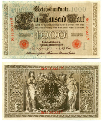 Германия 1000 марок 1910 21 апреля 1910, буква T, номер семизначный, серия M, выпуск (09.1922) Pick 44b, Розенберг 45с бумага 8618-16-1-2
