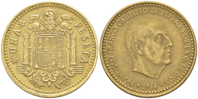 ИСПАНИЯ 1 ПЕСЕТА 1966 (68) ФРАНСИСКО ФРАНКО ДИКТАТОР ИСПАНИИ ( 1939- 1975) KM 796 алюминиевая бронза 216-613