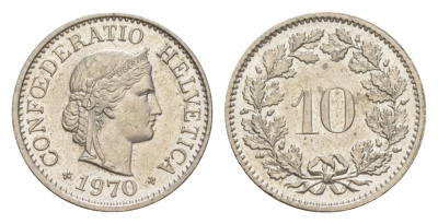 Швейцария 10 раппенов 1970 KM 27 медно-никель 4625-539