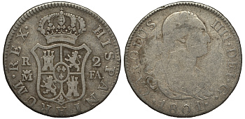 Испания 2 реала 1801 M FA, мондвор (Мадрид), Карлос IIII (1788-1808) KM 430.1 ( C69.1) серебро 650-945