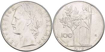 ИТАЛИЯ 100 ЛИР 1976 R, АФИНА У ОЛИВКОВОГО ДЕРЕВА KM 96.1 нержавеющая сталь 4545-713