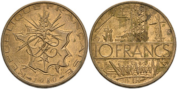 Франция 10 франков 1980 тип Матье KM 940, Le Franc 365.15-16 никель латунь 4572-1134