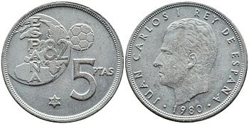 Испания 5 песет 1980 (80), Хуан Карлос , чемпионат мира по футболу, Испания 1982 KM 817 медно-никель 4393-242