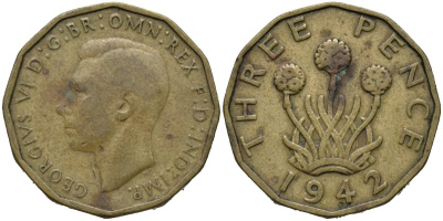 Великобритания 3 пенса 1942 Георг VI (1936-1952) KM 849, Spink 4112 никель латунь 4171-544