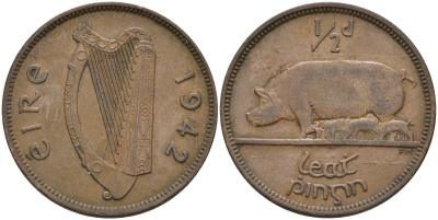 Ирландия 1/2 пенни 1942 свинья с поросятам KM 10 бронза 4132-325