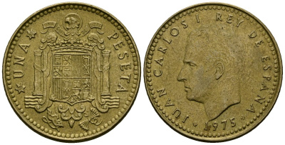 Испания 1 песета 1975 (80) Хуан Карлос I (1975-2014) KM 806 алюминиевая бронза 27-1217