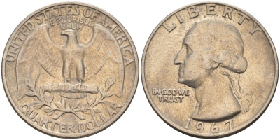США 25 центов (квотер) 1967 Вашингтон KM 164a медь плакированная медно-никелем 4589-1223