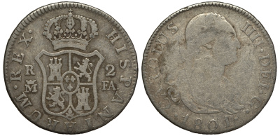 Испания 2 реала 1801 M FA, мондвор (Мадрид), Карлос IIII (1788-1808) KM 430.1 ( C69.1) серебро 650-945