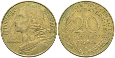 ФРАНЦИЯ 20 САНТИМОВ 1974 ТИП MARIANNE KM 930, LE FRANC 156.14 медь алюминий никель 175-836