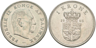 Дания 1 крона 1965 Фредерик IX (1947-1972) KM 851 медно-никель 4571-345