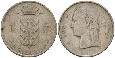 Бельгия 1 франк 1951 Belgique, Бодуэн I (1951-1993) KM 142 медно-никель 4156-617