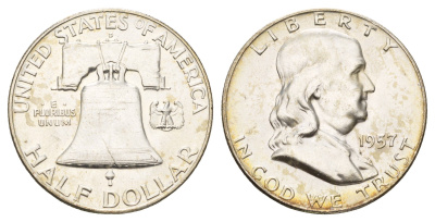 США 1/2 доллара (50 центов) 1957 D, Бенджамин Франклин, колокол KM 199 серебро aUNC 1530-1235