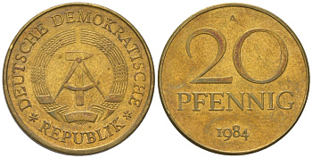 ГДР 20 пфеннигов 1984 A KM 11 латунь 4573-1115