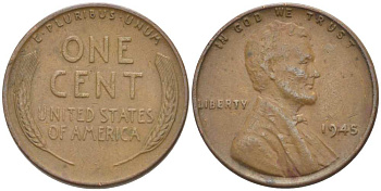 США 1 ЦЕНТ 1945 ЛИНКОЛЬН KM А132 медь цинк 218-465