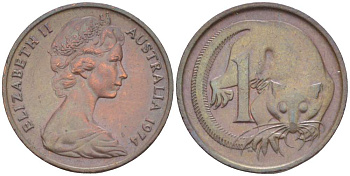 АВСТРАЛИЯ 1 ЦЕНТ 1974 ЕЛИЗАВЕТА II (1952-) МОЛОДОЙ ПОРТРЕТ, ОПОССУМ KM 62 бронза 4516-632