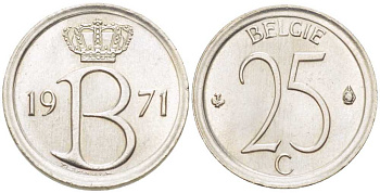 Бельгия 25 сантимов 1970 Belgie, Бодуэн I (1951-1993) KM 154.1 медно-никель 201-1257