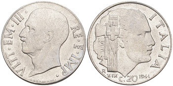 ИТАЛИЯ 20 ЧЕНТЕЗИМО 1941 R, ГОД XIX, ВИКТОР ЭММАНУИЛ III (1900-1946) KM 75b, VEM3. 1028 нержавеющая сталь 3853-944