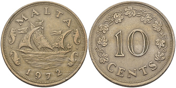 Мальта 10 центов 1972 баржа Великого магистра KM 11 медно-никель 82-441