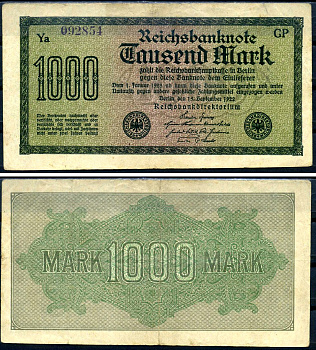 Германия 1000 марок 1922 выпуск 15 сентября 1922, водяной знак D, белая бумага, серия GP, буква Ya Pick 76 d (1) бумага 8617-48-2-2