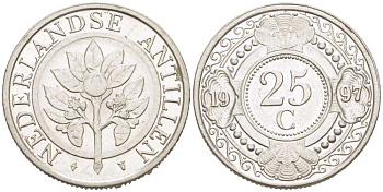 Нидерландские Антилы 25 центов 1997 Беатрикс (1980-2013) KM 35 сталь плакированная никелем 218-1213