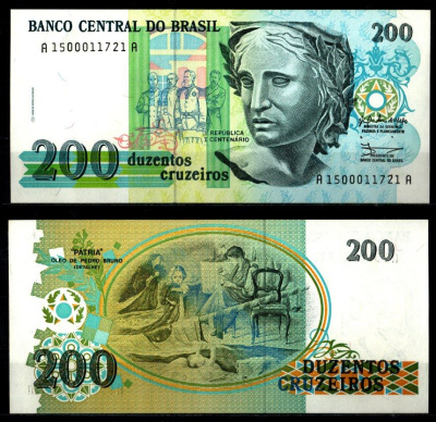 Бразилия 200 крузадо ND (1990) Республика, деталь картины «Патрия» Pick 229 бумага UNC (пресс) 2197-9-1-1