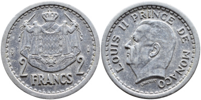 Монако 2 франка 1943 Луи II (1922-1949) KM 121 алюминий 4364-827