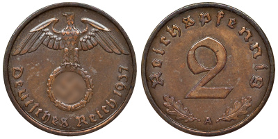 Германия 2 рейхспфеннига 1937 A KM 38, J. 362 алюминиевая бронза 4121-616