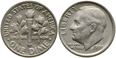 США 10 ЦЕНТОВ = 1 ДАЙМ 1990 P, РУЗВЕЛЬТ KM 195а медь плакированная медно-никелем 46-2367