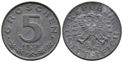 АВСТРИЯ 5 ГРОШЕЙ 1972 KM 2875 цинк UNC 57-1211