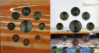 Финляндия евронабор из 8 монет + 5 евро юбилейная 2005 Чемпионат мира по лёгкой атлетике 2005 года в Хельсенки, официальный набор в оригинальном буклете KM MS 74 биметалл  UNC  5-6-1-08