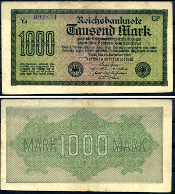 Германия 1000 марок 1922 выпуск 15 сентября 1922, водяной знак D, белая бумага, серия GP, буква Ya Pick 76 d (1) бумага 8617-48-2-2