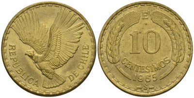 Чили 10 сентесимо 1965 KM 191 алюминиевая бронза 4517-332