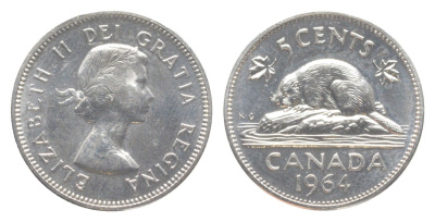 Канада 5 центов 1964 Елизавета II (1952-2022), бобр KM 57 никель PROOF-LIKE (BU) 4639-443